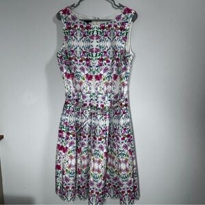Talbots Sleeveless Belted White and Pink Floral Midi Zip Dress Size 12